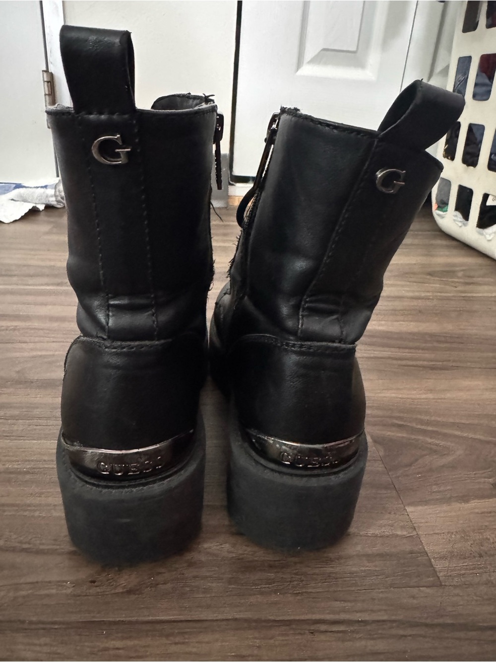 Guess Black Lace-Up Platform Ankle Boots with Metal Logo
